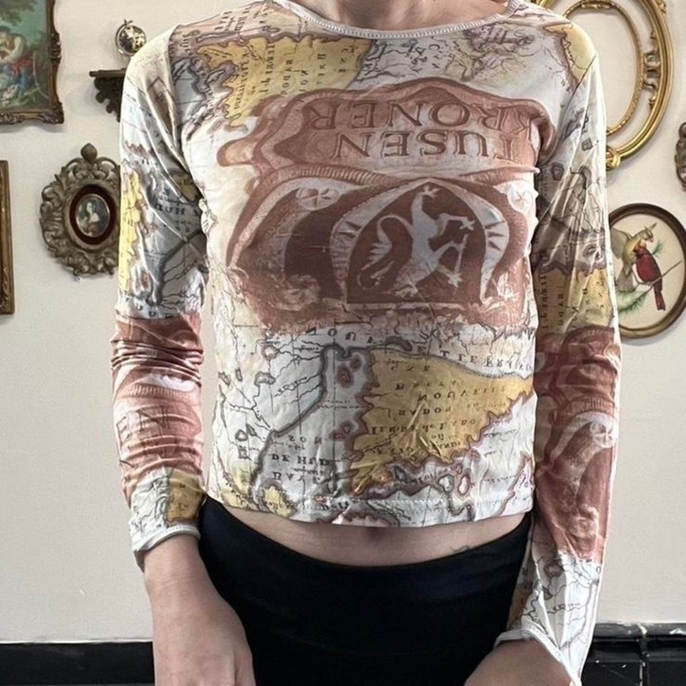 Vintage Cheryl Creations Map‎ Print Sheer Long Sleeve Top